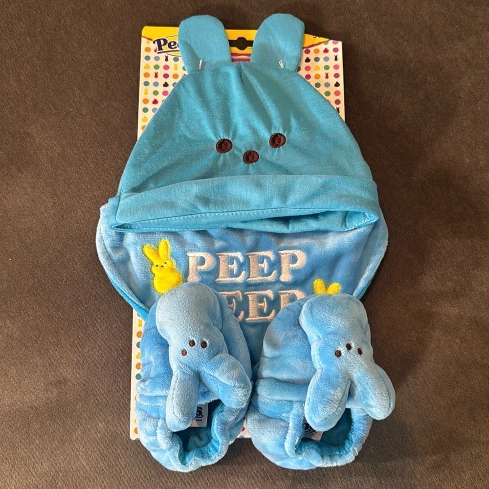 Blue Peeps Easter Infant Baby 3 Piece Set - Hat Bib & Bunny Booties NEW